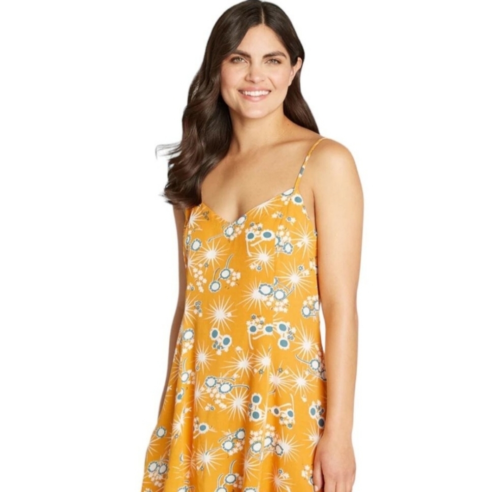 ModCloth XL Retro Dress Adj Spag Straps Glasses Flashes & Flowers SO FUN YELLOW